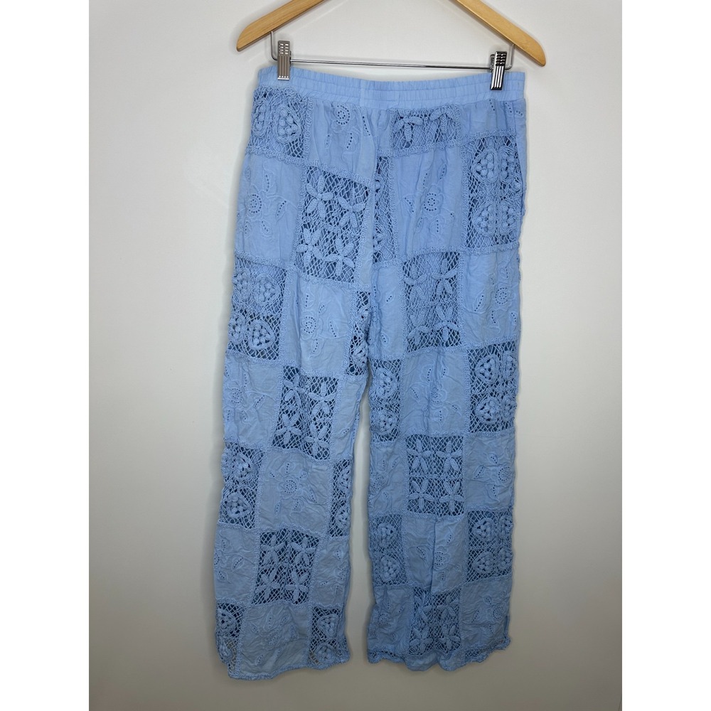 Altar'd State Hibiscus Patchwork Crochet Pants Light Blue Large Wide Leg Boho - Picture 8 of 12